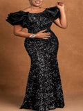 Aovica Women Elegant Black Glitter Dress Fishtail Velvet Bodycon Maxi Dresses vintage classy Birthday Party Night Celebrity Outfits