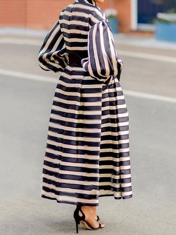 Aovica Elegant Women Print Dress Striped Jumper Puffy Long Sleeve Stand Neck Pocket Belt Birthday Party Event Long Dresses Big Size