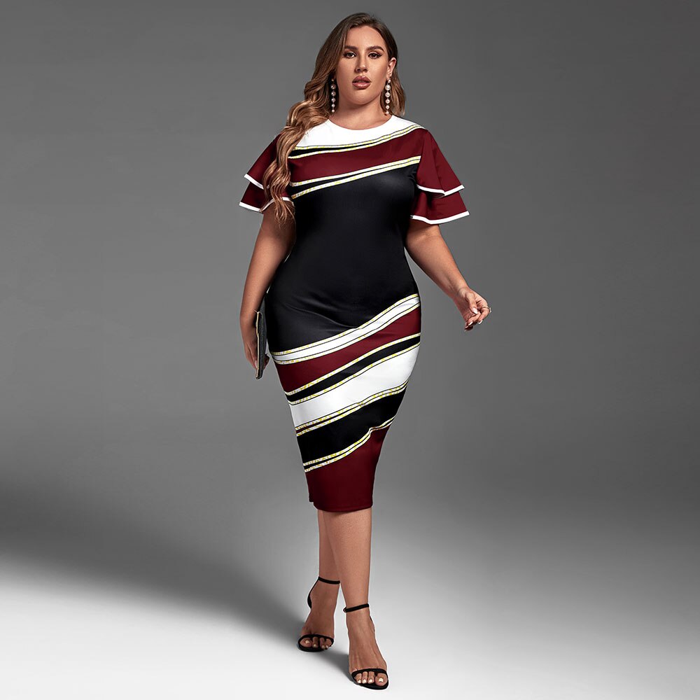 Plus Size Dress Elegant Geometric Printed Slim Party Dresses for Women 2023 Summer Layered Short Sleeve Dress Casual Outfits