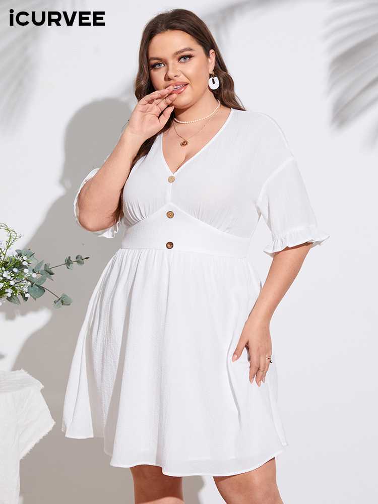 Aovica Plus Size Women's White Dress 2023 Summer Short Sleeve  V Neck Casual Shirt Sundress Ladies Buttons Party Mini Robe