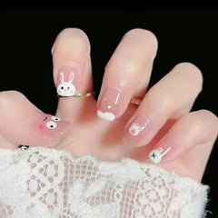 Aovica- 24pcs/box Press On False Nails Cute Bunny Nail Art Wearable Fake Nails Short Square Nails With Wearing Tools As Gift