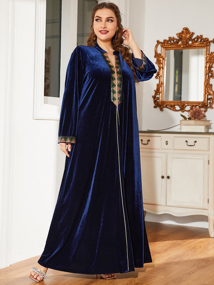 Aovica Luxury Robe Plus Size Women Dress Muslim Solid Blue Clothing Winter Maxi Dresses Large Loose Outfits With Fluff