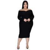 Aovica Elegant Fashion Plus Size Dress 2023 New Long Sleeve Off Shoulder Women's  Solid Party Dress   3