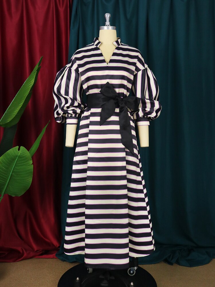 Aovica Elegant Women Print Dress Striped Jumper Puffy Long Sleeve Stand Neck Pocket Belt Birthday Party Event Long Dresses Big Size mh0707