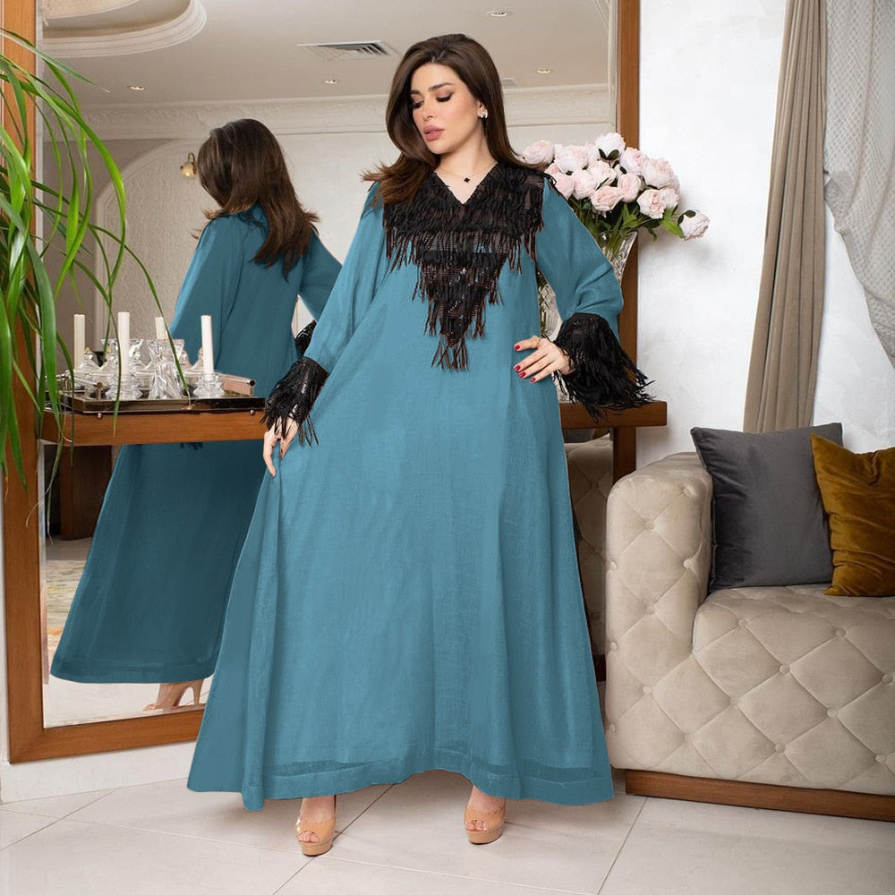 spring dresses for women 2023 Ethnic Dubai Long Dress Vestios Saudi Arabia Tassel Sequins Full Sleeves Elegant Robe Abaya Satin Gowns