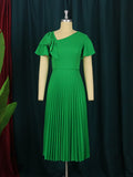 Aovica Elegant Women Green Dress Short Sleeve Ruffles Pleated Midi Dresses Spring Summer Chic Fashion Gowns 2023 Party Birthday Clothes