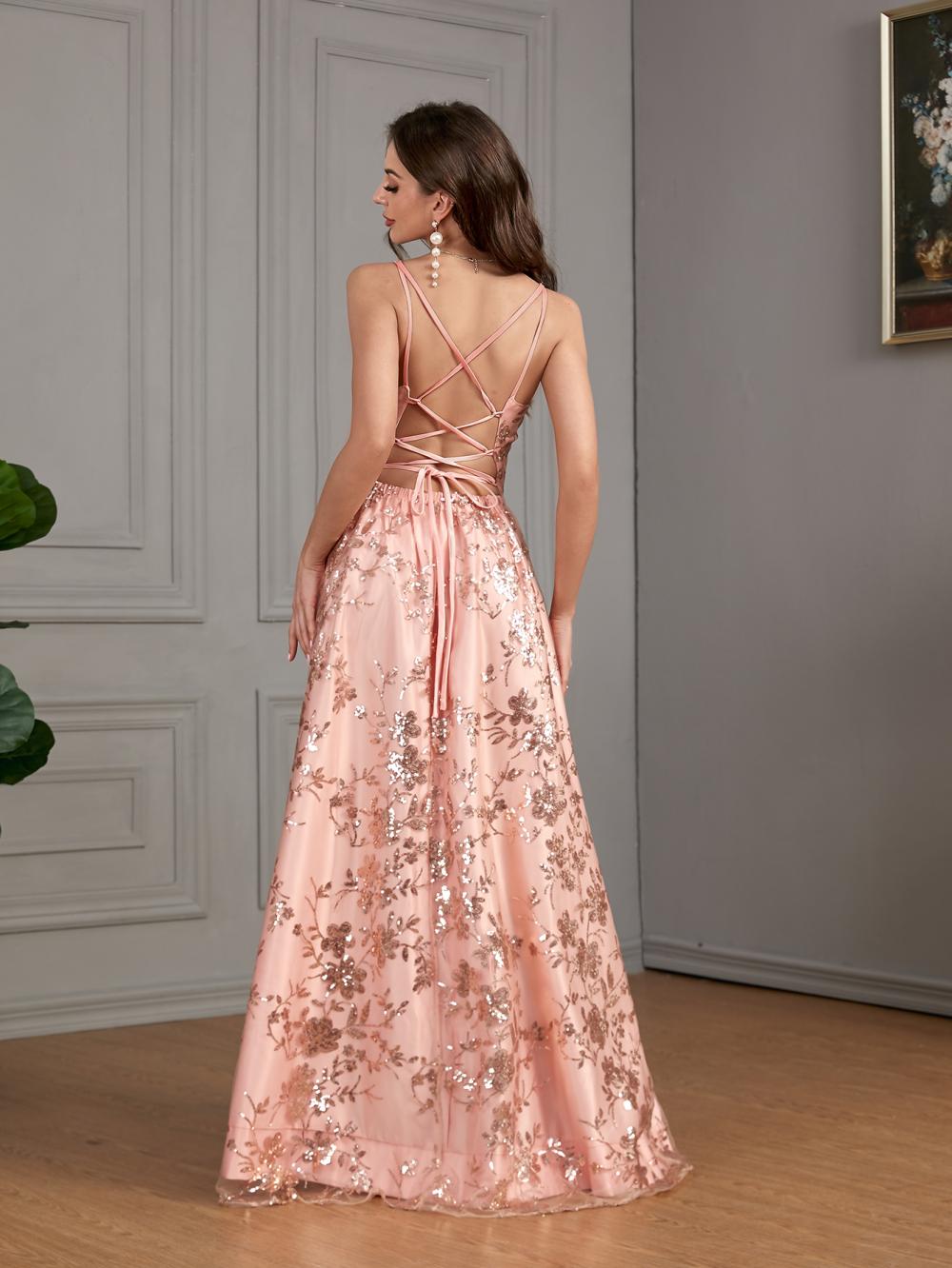 Aovica Elegant Leg Slit Glitter Dresses High Waist Satin Blush Pink Bandage Long Dress Backless Special Birthday Formal Party Prom Gown