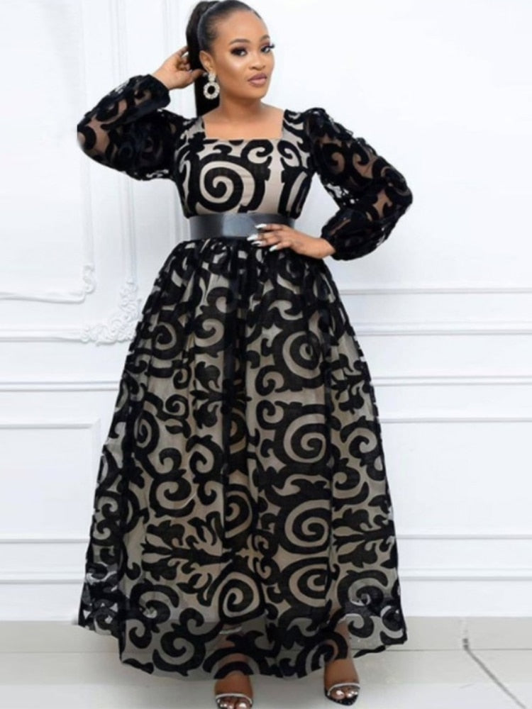 Aovica Women Large Dresses Elegant Vintage Flocking Tulle Black Print Ball Gowns Long Sleeve Maxi Dress for Birthday Party Spring 2022