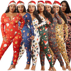 Aovica Plus Size Christmas Prined Jumspuit For Women V Neck Long Sleeve Pencil Pants One Piece Night Club Pajamas Festival Romper 2023