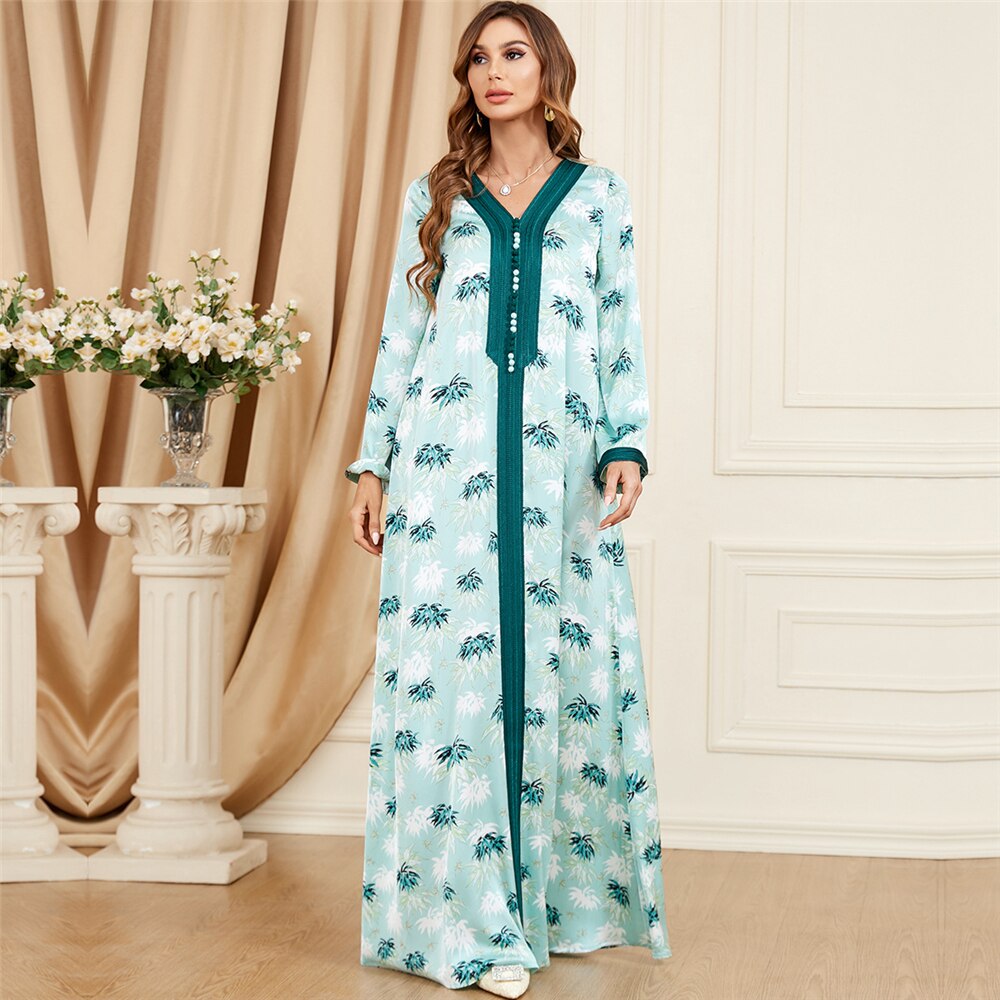 spring dresses for women 2023 Casual  Plant Printing Modest Dress Vintage Lace Tape V-Neck Robe Muslim Abaya Ramadan Dresses