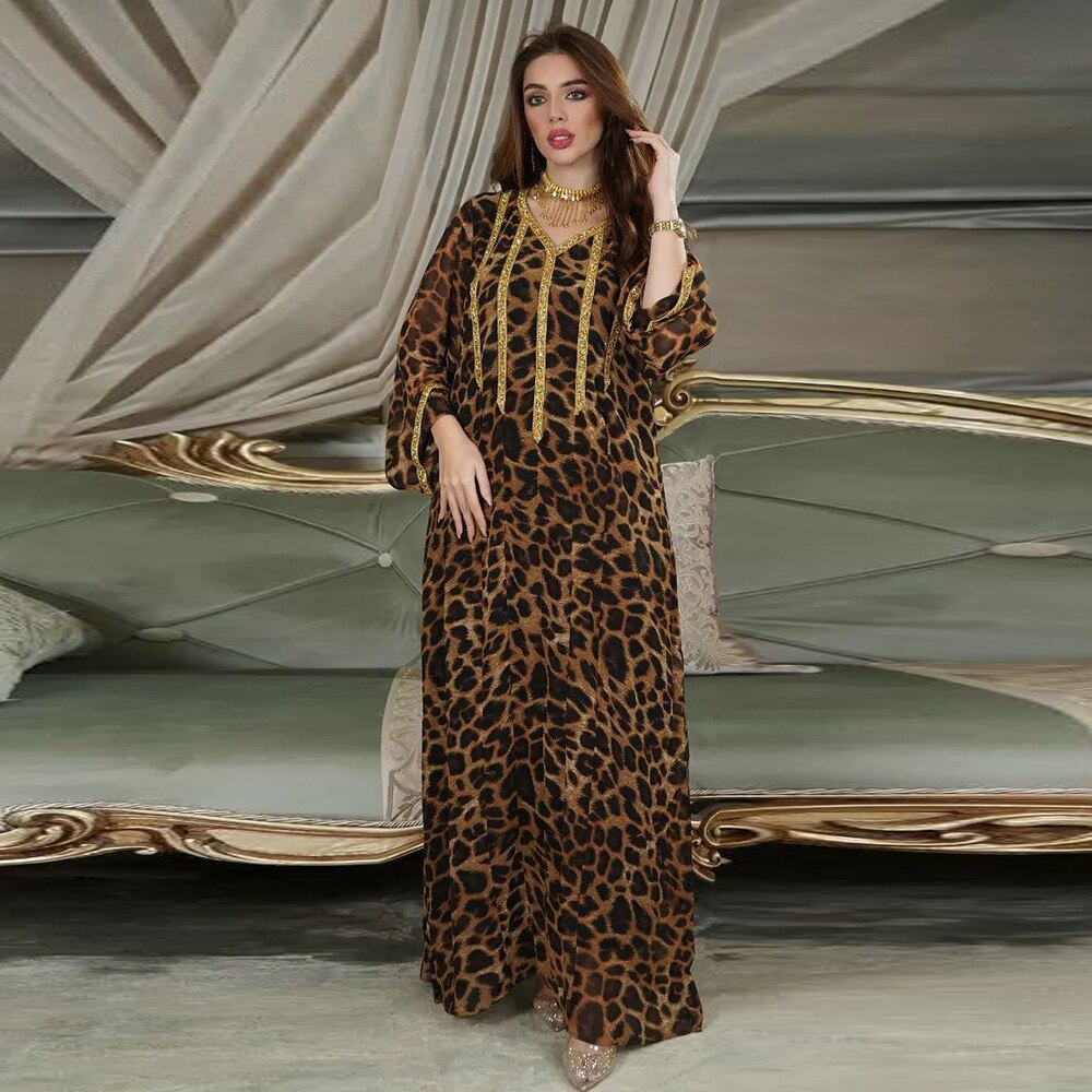 Aovica  2022 Eid Mubarak Abaya Dubai Turkey muslim Leopard Print Dress Caftan Marocain Djellaba Femme Loose Big Boubou Robe Musulmane