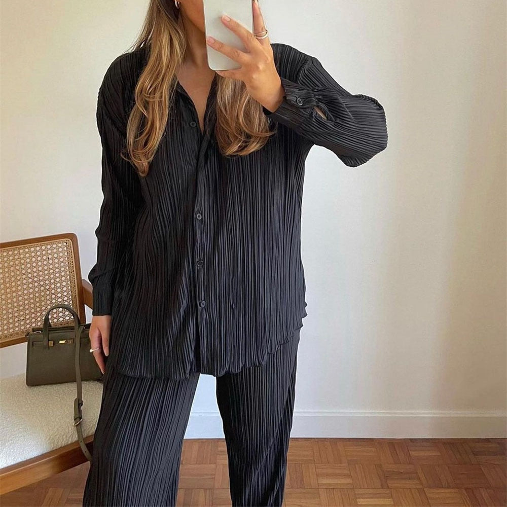 Aovica Solid Suit Two Pieces Outfits Office Lady Long Sleeve Lapel Jacket Coat Suits 2023 Women Casual Wide Leg Trousers Set
