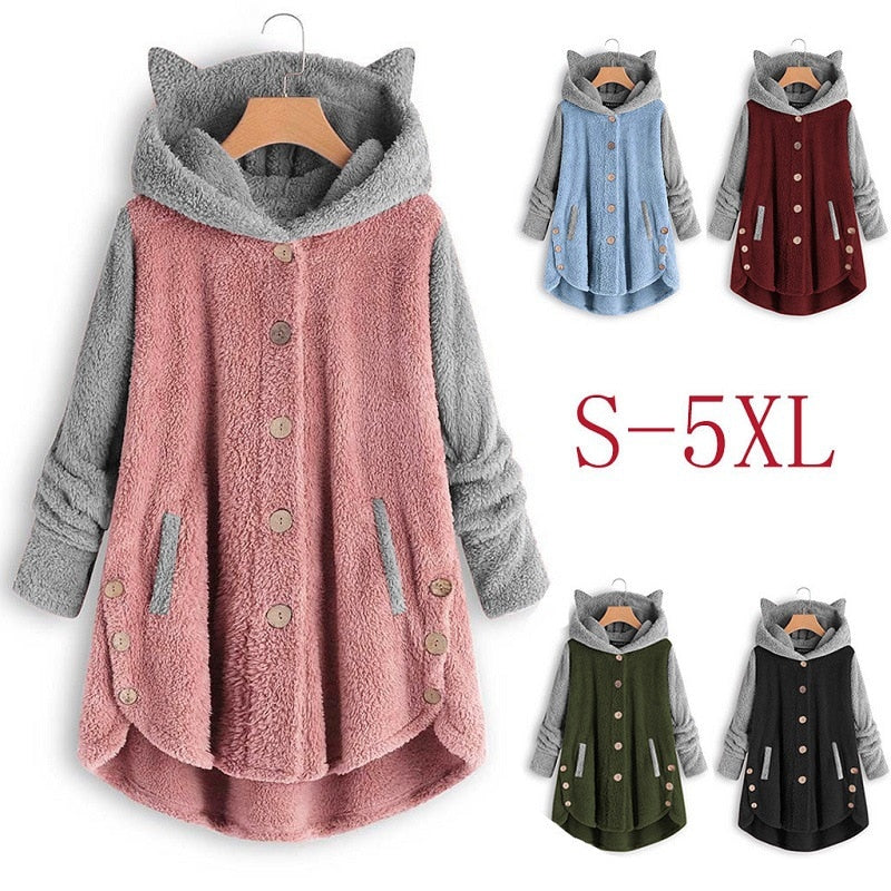 Women Winter Coat Solid Color Long Sleeves Button  Cardigan Loose Warm Furry Plush Big Size Lady Pajama Cute Sweatshirts Clothes