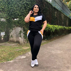 Aovica Plus Size 2 Piece Set Women Tracksuits Patchwork Crop Top Short Sleeve Leggings Jogger Sport Suit Stretch Wholesale Dropshipping