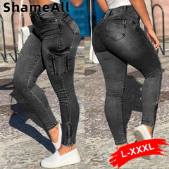 Aovica Pockets Patchwork Slim Fit Black Cargo Jeans 3XL Vintage Streetwear Women High Waist Zip Hem Stretchy Skinny Denim Pencil Pants