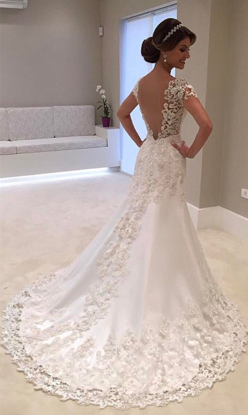 Aovica New Luxury Beading Brush Train Lace Up Wedding Dress  Strapless Applique Customized Plus Size Bridal Gown
