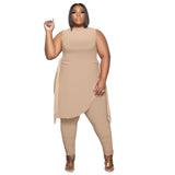 Aovica Casual Plus Size Women Clothing Two Piece Outfits Sleeveless Round Neck Bandage Crop Tops Pants Sets Urban Commute Casual