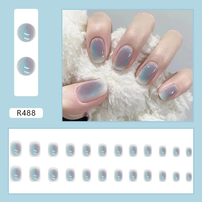 Aovica- Blue Smudged Short Nail Tips Fake Nail Finished Removable Nail Wearable False Nails Wholesale Nail Piece With Wearing Tool