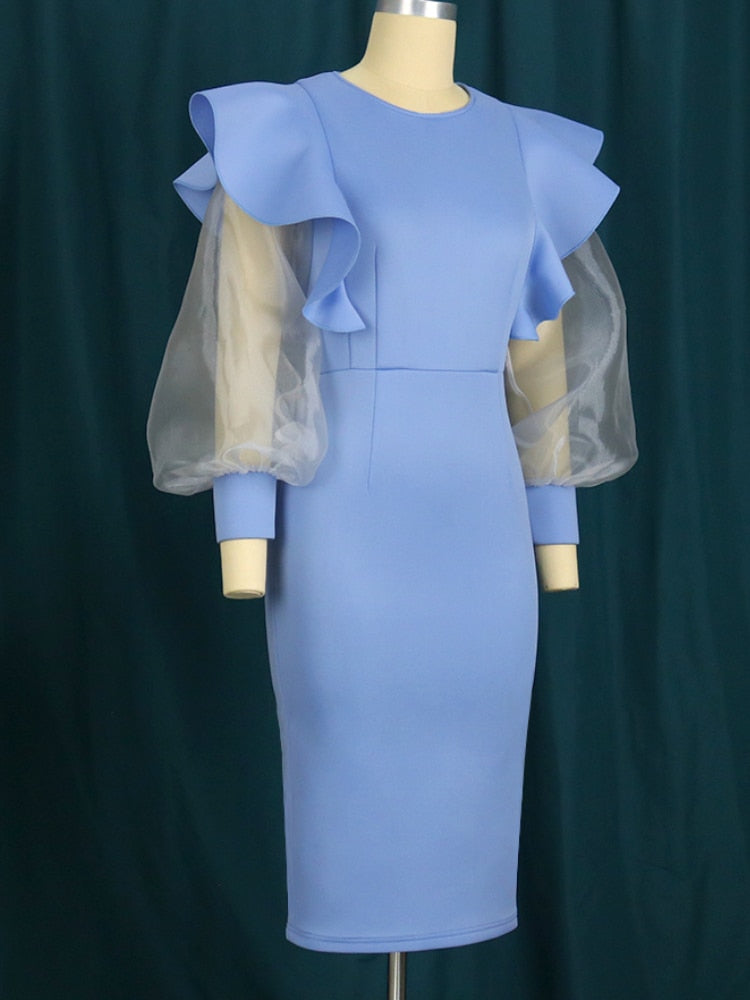 Aovica Blue Evening Party Dresses Plus Size 4XL O Neck Women  Bodycon Long Tulle Sleeve Ruffles Sheath Curvy Dress Drop Shipping