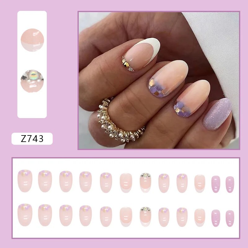 Aovica- 24pcs/Box Gradient Nail Art Patches False Nails Short Square Nail Blue Starry Glitter Teardrop Diamond Fake Nail Tips