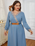 Aovica Plus Size Women Maxi Dress 2023 Turkish Chic And Elegant Outfit Blue Long Sleeves With Belt Floral Appliques Clothing