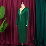 Aovica Plus Size Women's Clothing Evening Prom Party Dress Green  V Neck Elegant Tassel Autumn Long Sleeve Bodycon Lady Maxi Dress