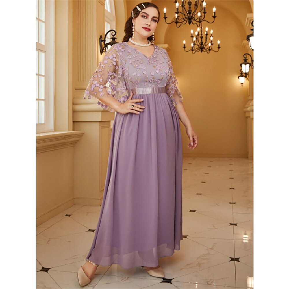 Elegant Women Plus Size Large Maxi Dress 2023 New Summer V-Neck Embroidery Purple Oversize Long Dress For Party Evening Festival