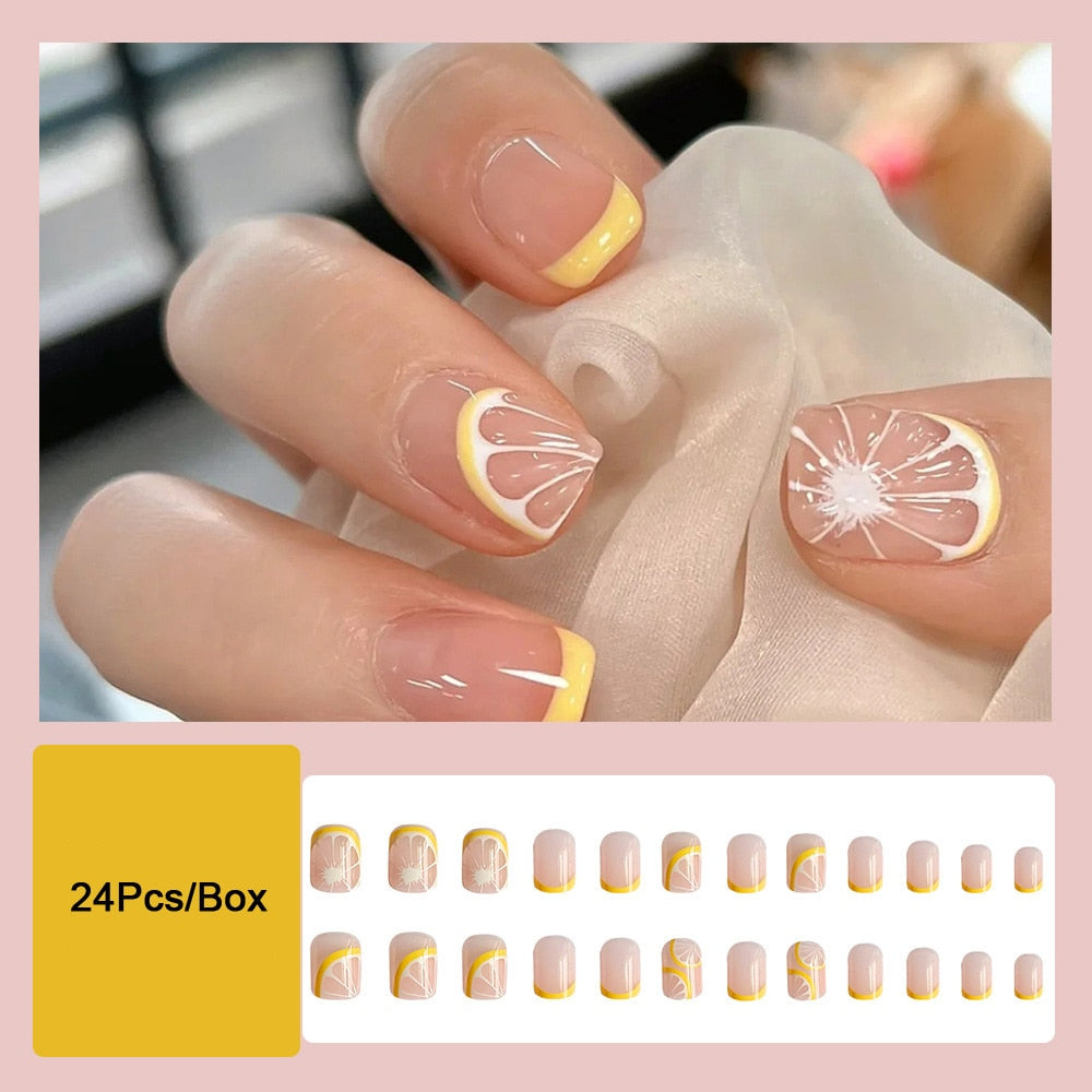 Aovica  Summer Lemon False Nails With Designs French Square Head Short Fake Nails Press On Nails Watermelon Nail Tips Beauty Manicure