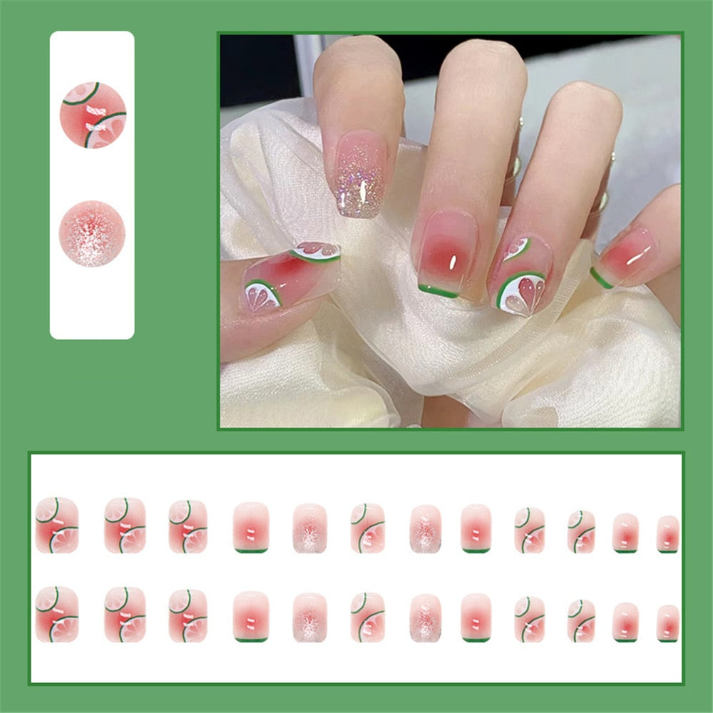 Aovica  Summer Lemon False Nails With Designs French Square Head Short Fake Nails Press On Nails Watermelon Nail Tips Beauty Manicure