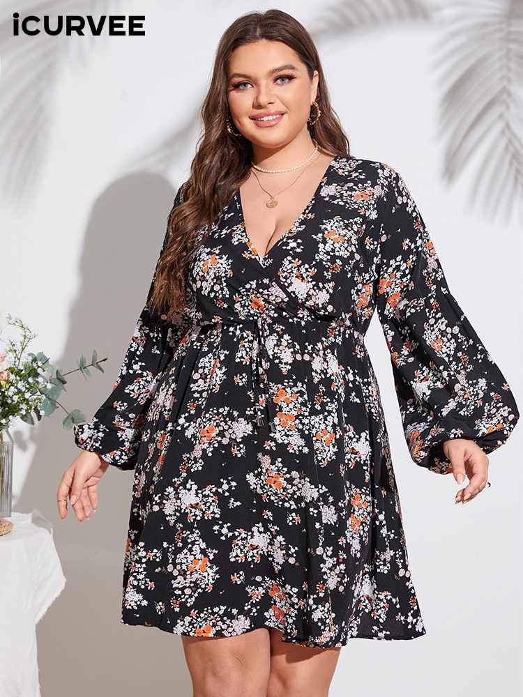Aovica Plus Size Summer Dress 2023 Women Flower Printed Bohemian Beach Robe Femme Long Lantern Sleeve V Neck  Mini Sundress