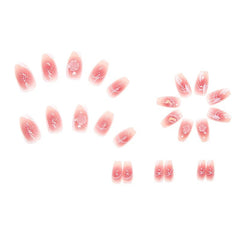 Aovica- 24pcs/box Press On False Nails Flower Pearl Nail Art Wearable Point Drill Fake Nails Short Ballet Tips With Wearing Tools