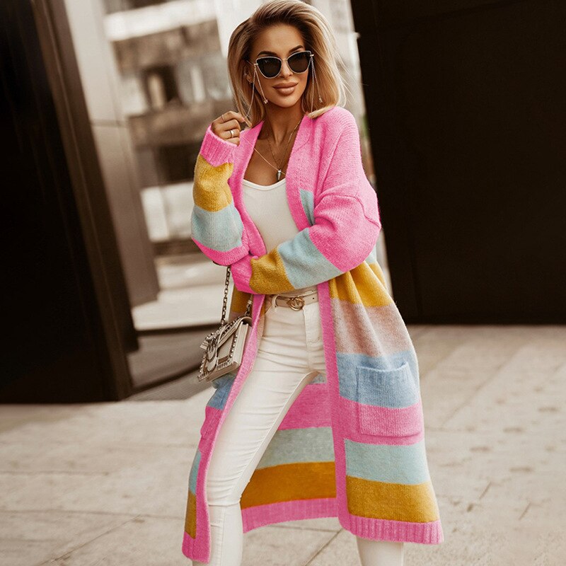 Aovica Early Autumn New Winter New Colorful Stripe Printed Knitted Coat Extended Casual Buckle Free Cardigan Women Sweater  Sweater