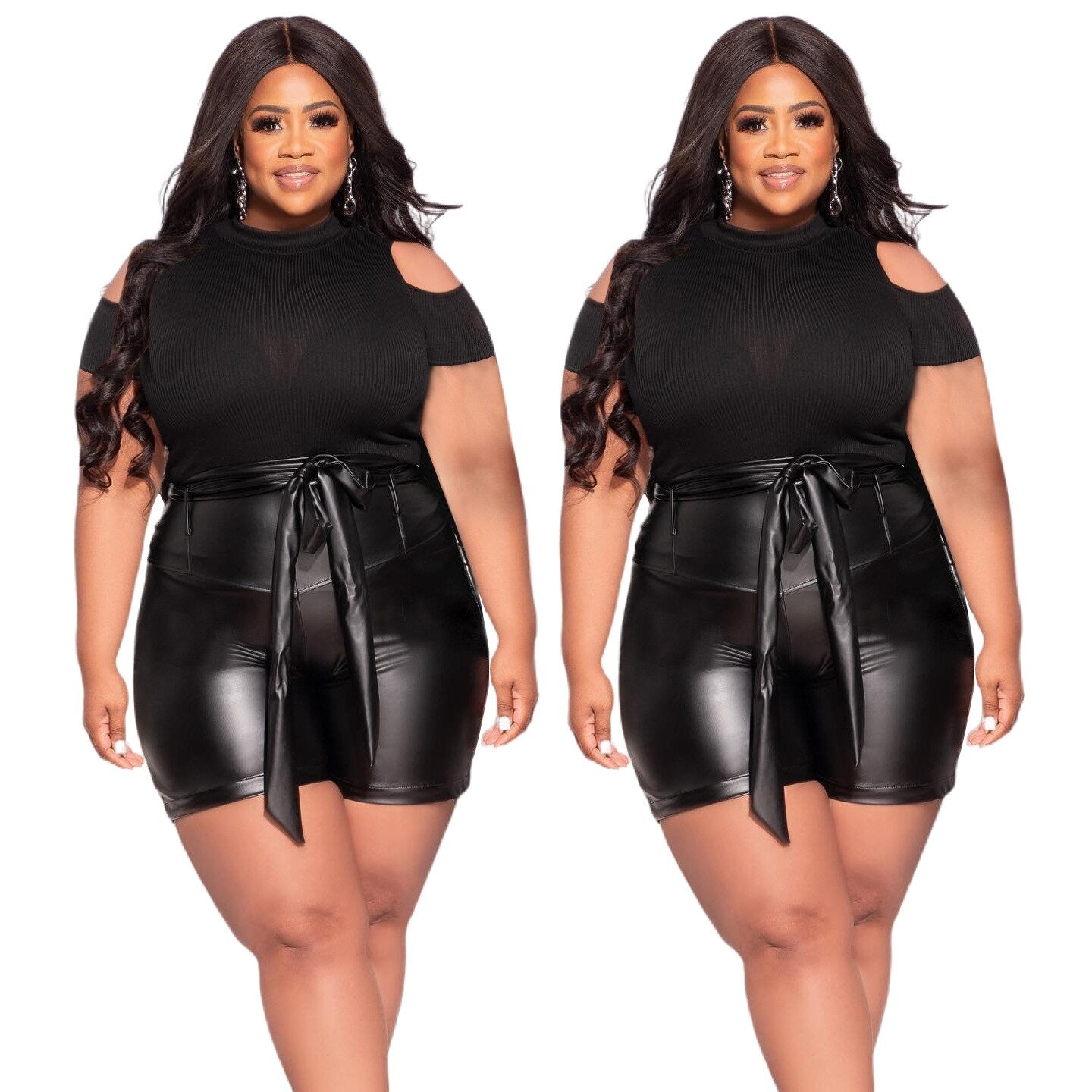 Aovica Plus Size Fashion Two Pieces Set Short Sleeve Hollow Out Top PU Lace Up Shorts With Zipper Women Tracksuit Casual Outdoor Outfit