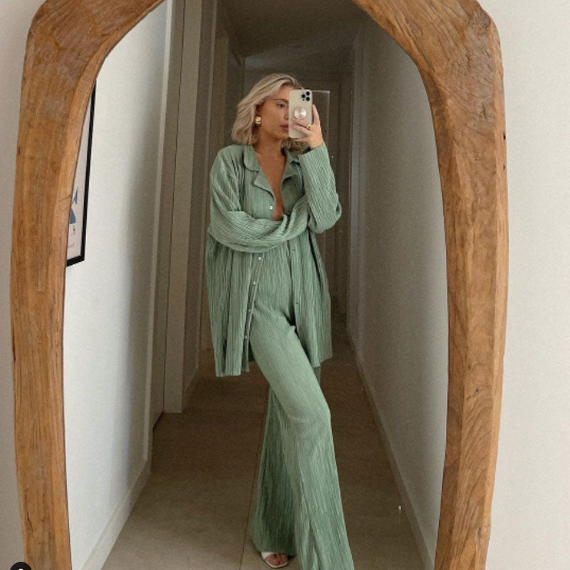 Aovica Solid Suit Two Pieces Outfits Office Lady Long Sleeve Lapel Jacket Coat Suits 2023 Women Casual Wide Leg Trousers Set