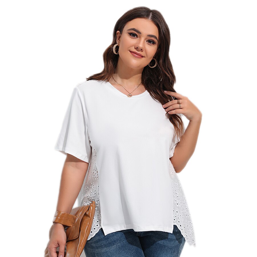 Aovica White T-Shirts Plus Size Tops Women Clothing 2023 Summer New Cutout Back Embroidery Tee