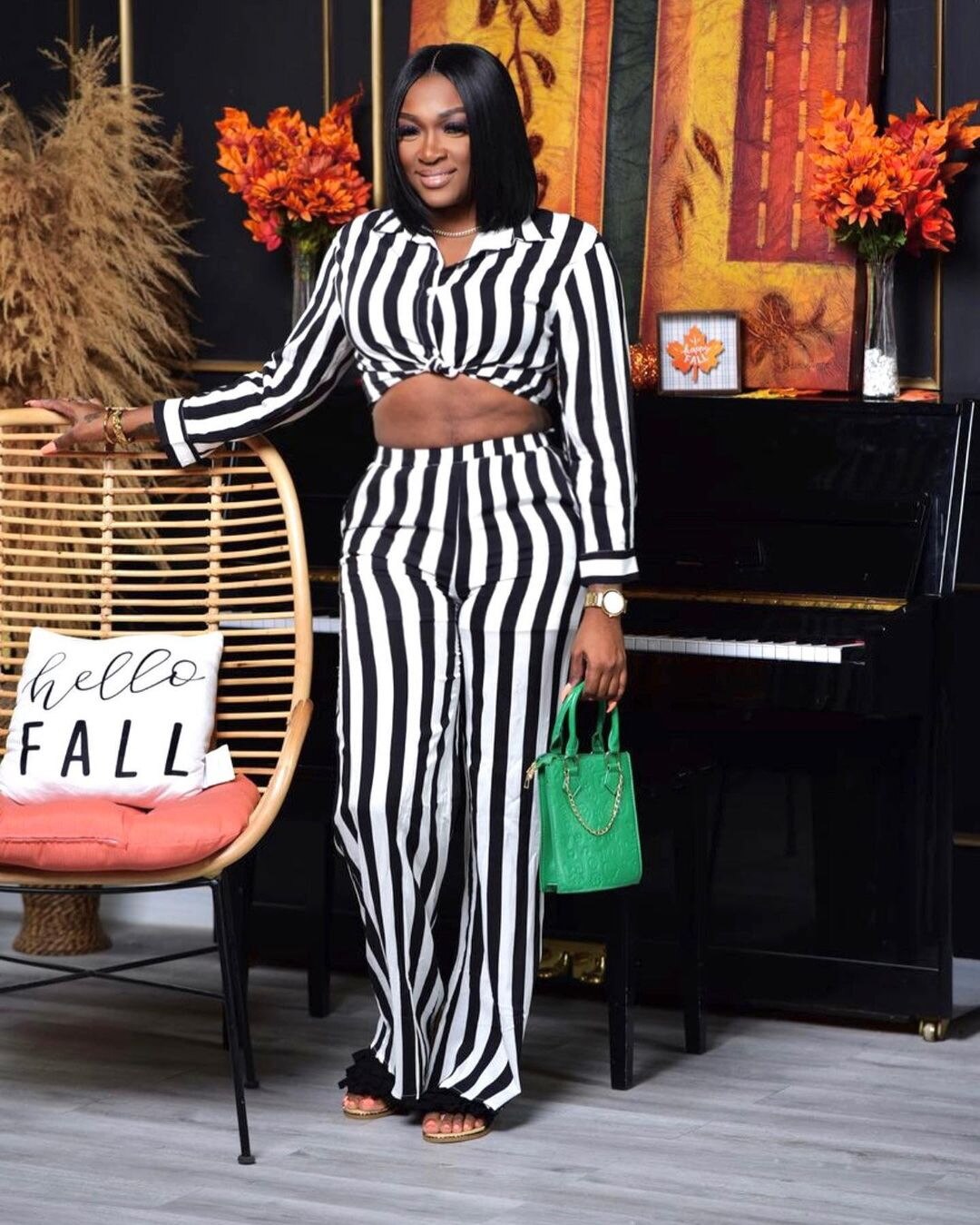Two Piece Women Sets Casual Striped Print Turn-down Collar Long Sleeve Blouses Shirts Top And Wide Leg Pants Suits 2 Piece Set