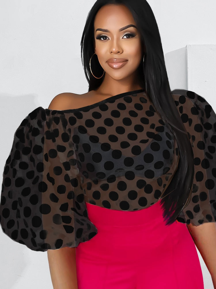 Aovica Elegant Women Blouse Tops Transparent Polka Dots See Through Puff Sleeve Large Size Shirts 2023 Fashion Blouses Party Club Wear