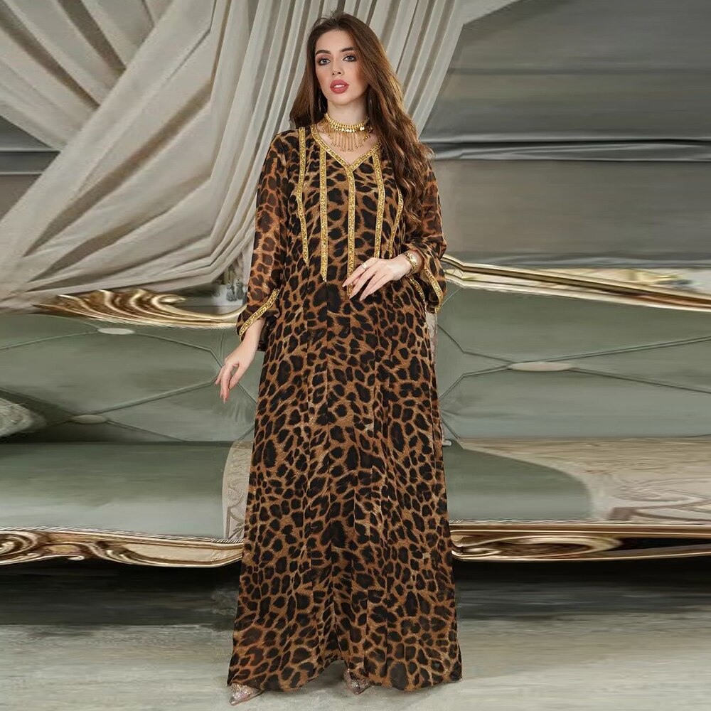 Aovica  2022 Eid Mubarak Abaya Dubai Turkey muslim Leopard Print Dress Caftan Marocain Djellaba Femme Loose Big Boubou Robe Musulmane