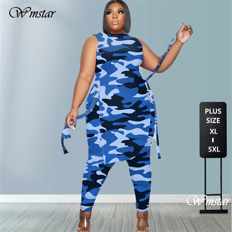 Aovica Camouflage Plus Size Women Clothing Two Piece Outfits Sleeveless Round Neck Bandage Crop Tops Pants Sets Wholesale Drop Shipping