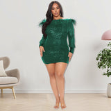 Aovica Plus Size Feather Sequins Party Mini Dress Autumn Slash Neck Skinny Short Vestidos Night Club  Christmas Chic Robes