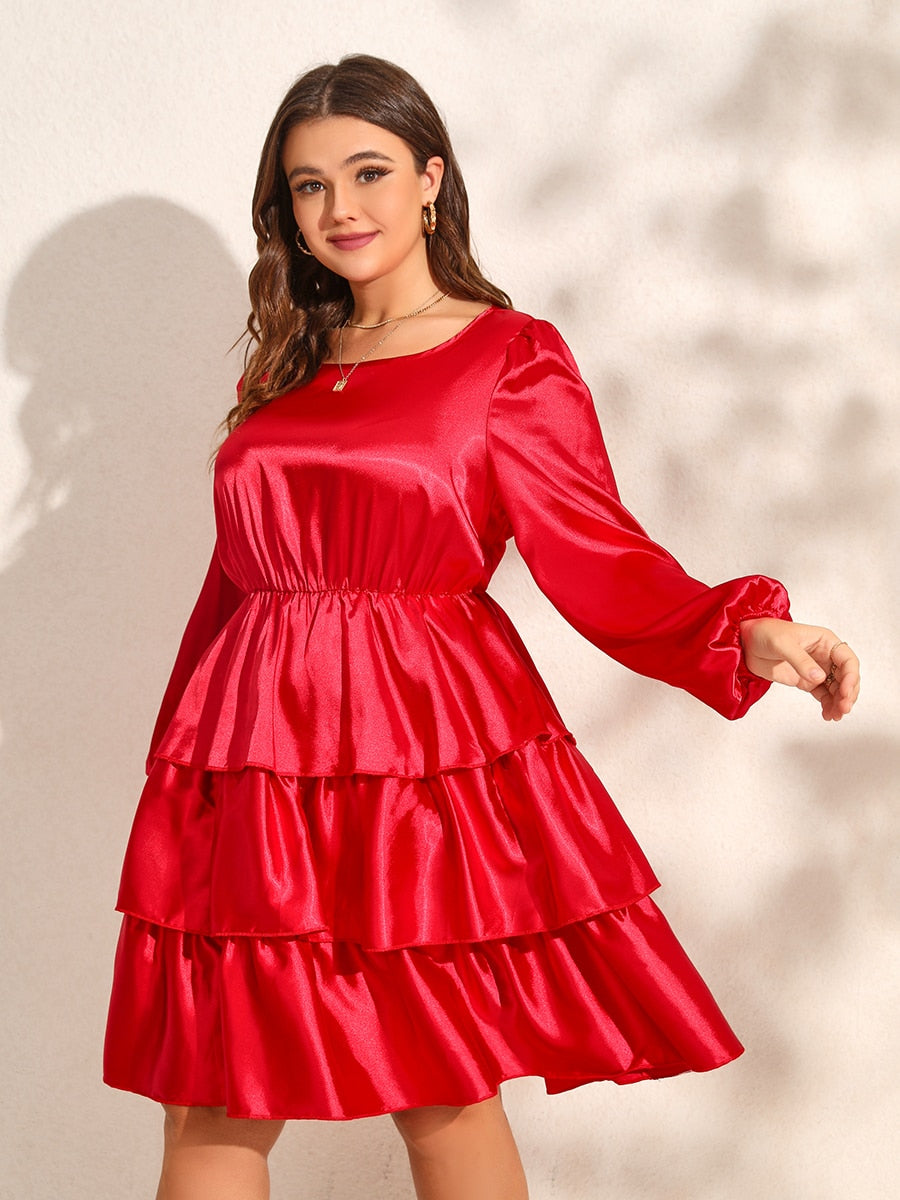 Aovica Layered Dress Plus Size Women's High Waist Christmas Dress Lantern Sleeve Elegant Evening Dresses