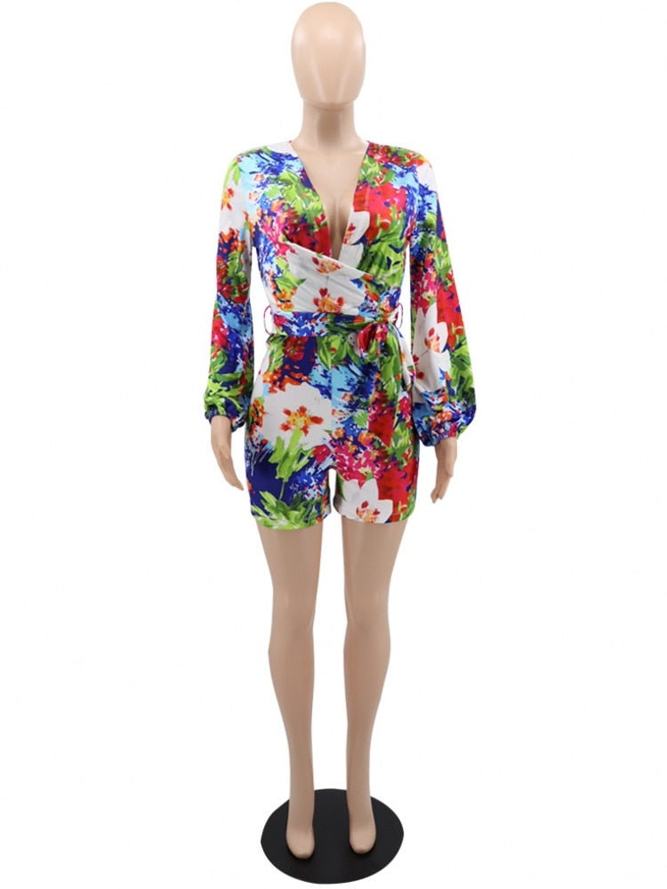 Women  V-Neck Bodycon Bodysuit Casual Printed Button Sleepwear Jumpsuit Shorts Flower Print  Ladies Summer 2023