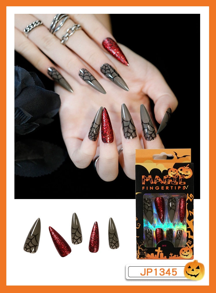 Christmas Aovica False Nails Press On Set Almond Black Ghost Design Long Fake Nail Pumpkin Pressure Decorated Adhesive Nail Tips 24Pcs