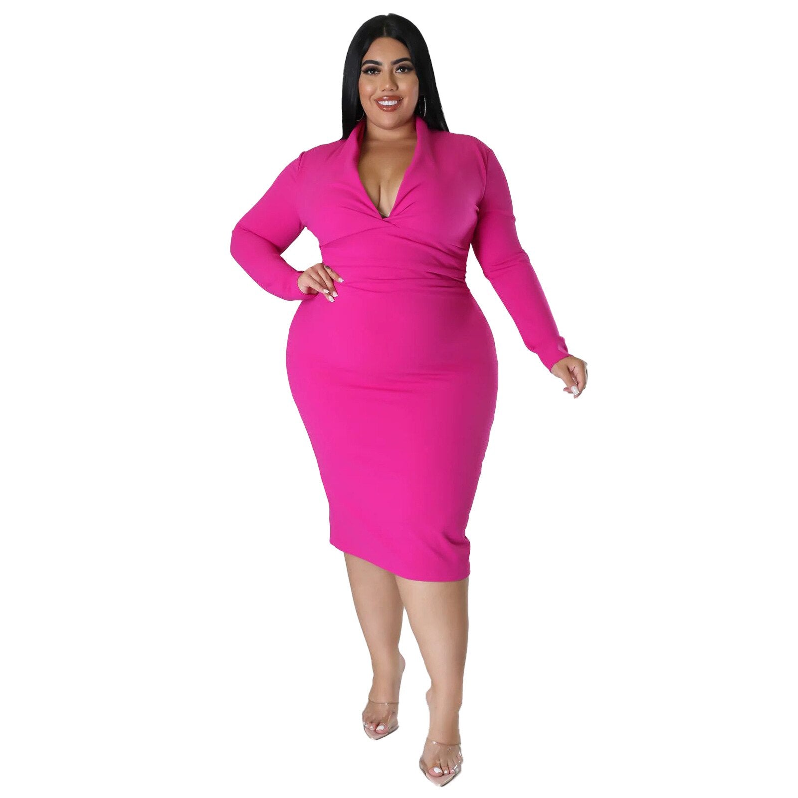 Aovica Plus Size Elegant Bodycon  Dress For Women V Neck Long Sleeve Skinny Knee Length Vestidos Office Lady Night Party Banquet