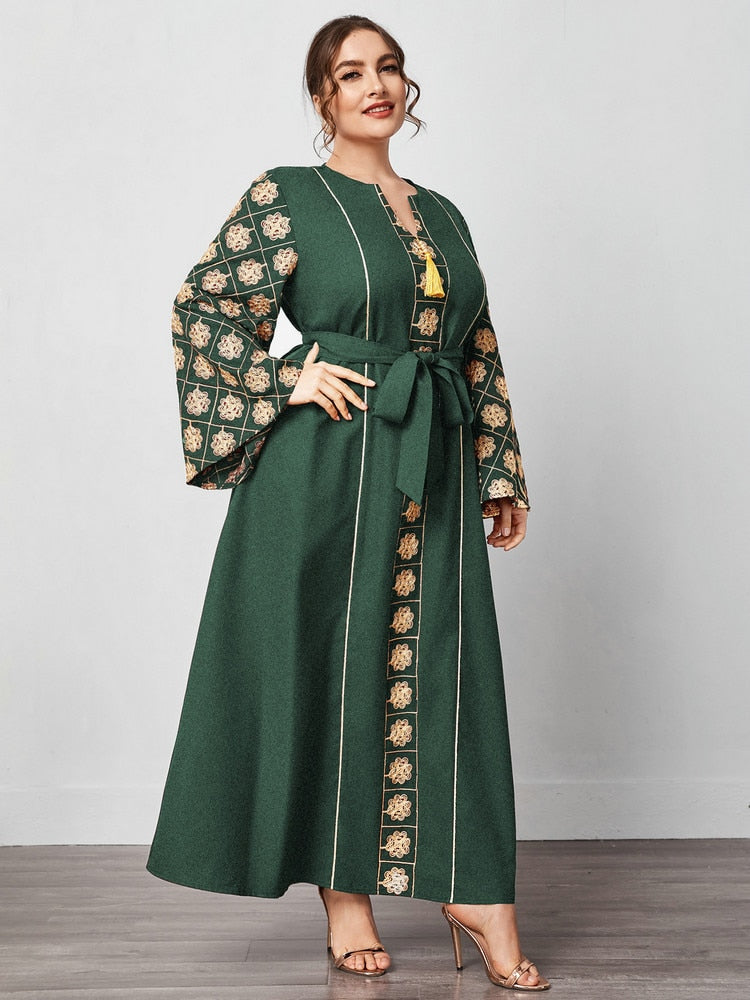 Aovica Large Plus Size Muslim Abaya Women Spring Dress With Long Sleeves Tie Waist And Tassel Maxi Clothing For Evening Party