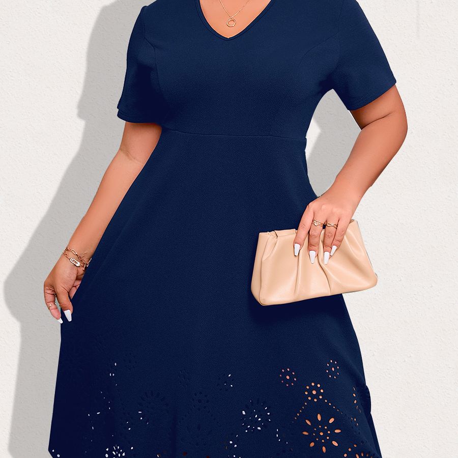 Aovica Plus Size Dresses For Women 2023 New Laser Cut Scallop Trim Midi Dress Elegant Party Dresses