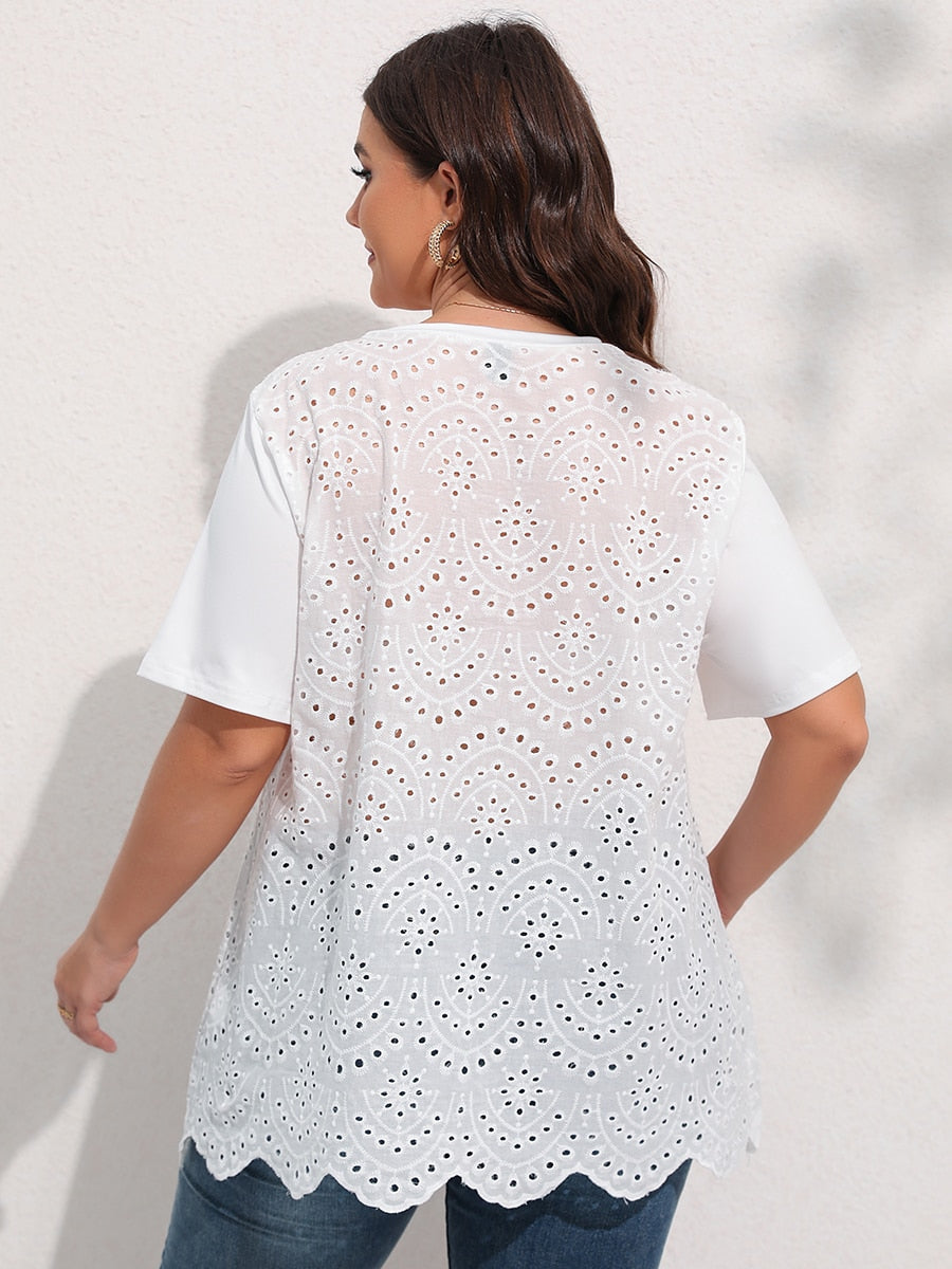 Aovica White T-Shirts Plus Size Tops Women Clothing 2023 Summer New Cutout Back Embroidery Tee