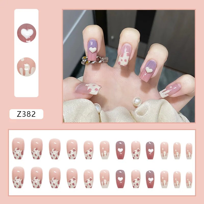 Aovica- 24Pcs/Set Short Ballet Fake Nails French Contracted Artistic Line Nail Arts Manicure Milk Heart False Nails With Design