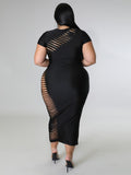 Aovica Plus Size Dresses Women Clothing Short Sleeve Summer Black Tight Dress Hollow  Parti Dress