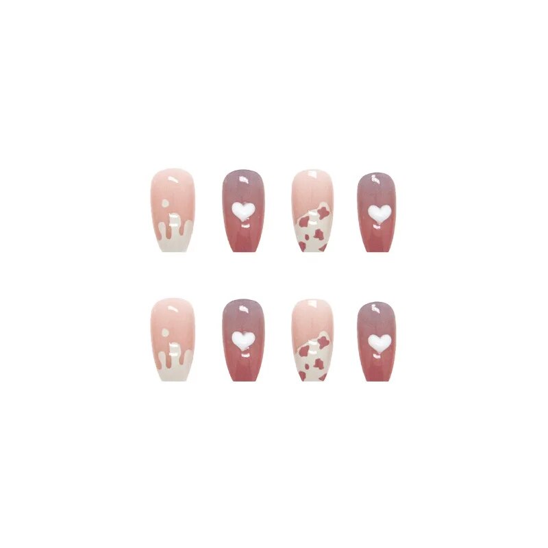 Aovica- 24Pcs/Set Short Ballet Fake Nails French Contracted Artistic Line Nail Arts Manicure Milk Heart False Nails With Design